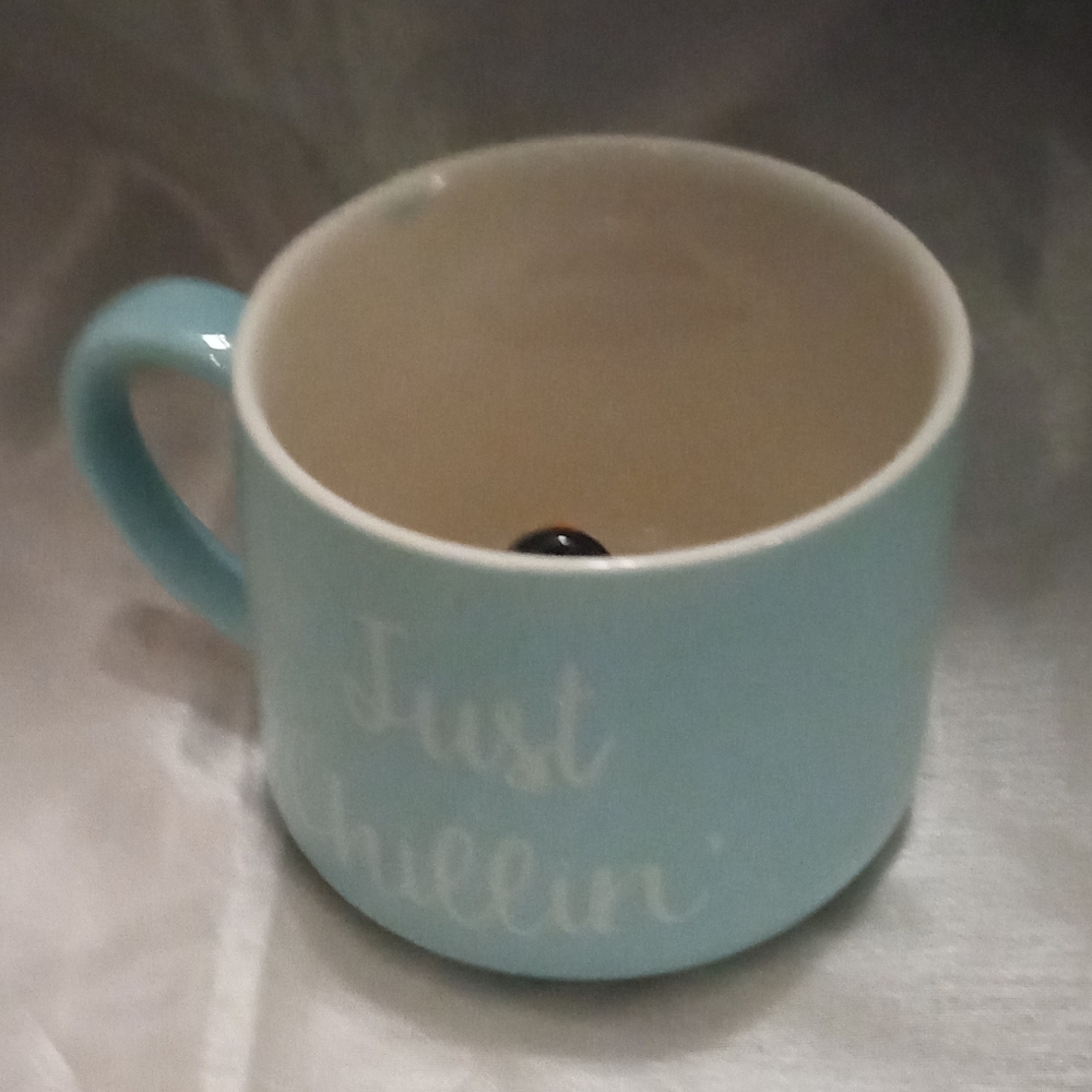 Whimsical Cupboard Light Blue Mug with 'Just Chillin'' Text